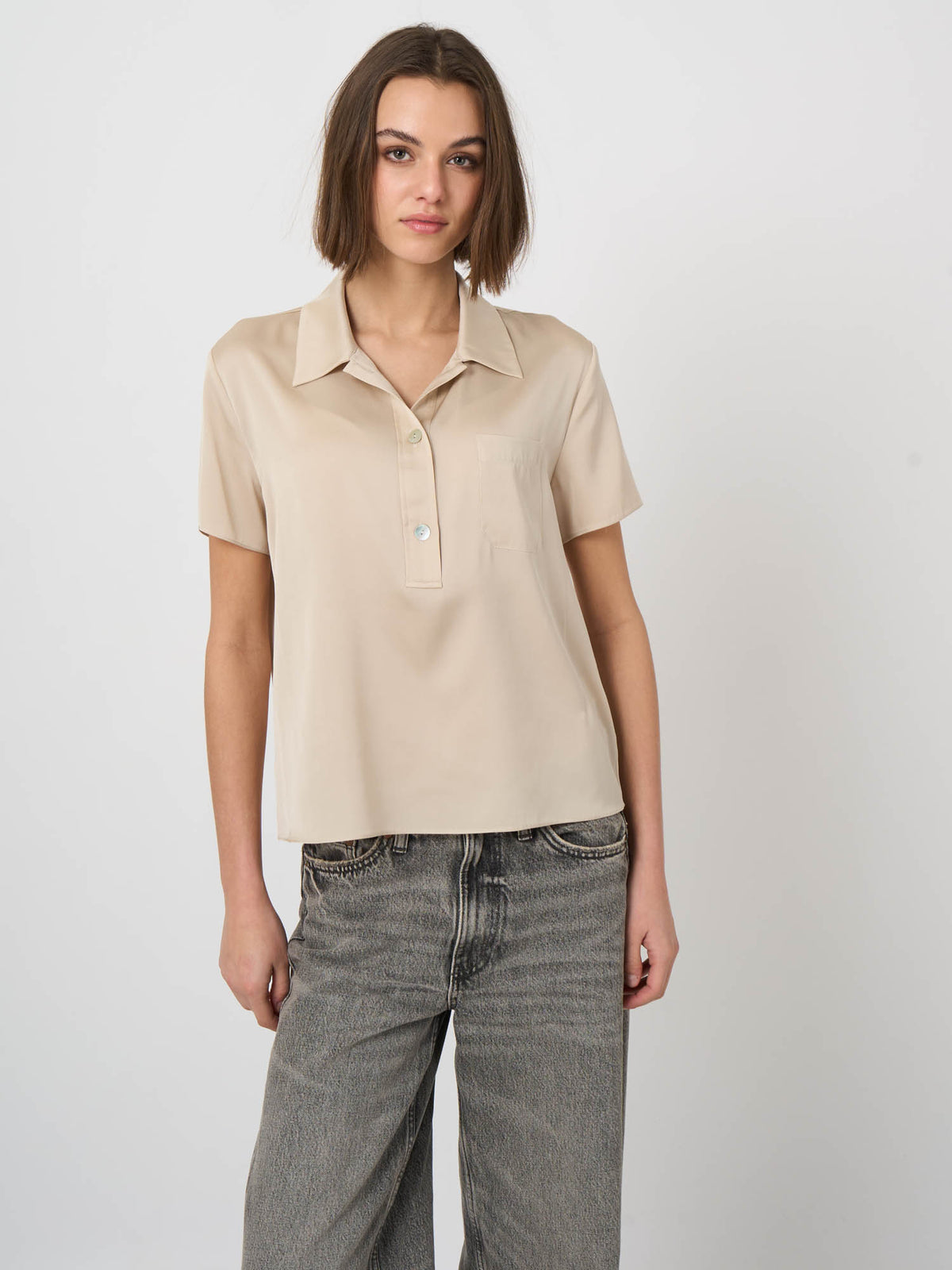 Repeat Cashmere Silk Short-Sleeve Blouse with Chest Pocket