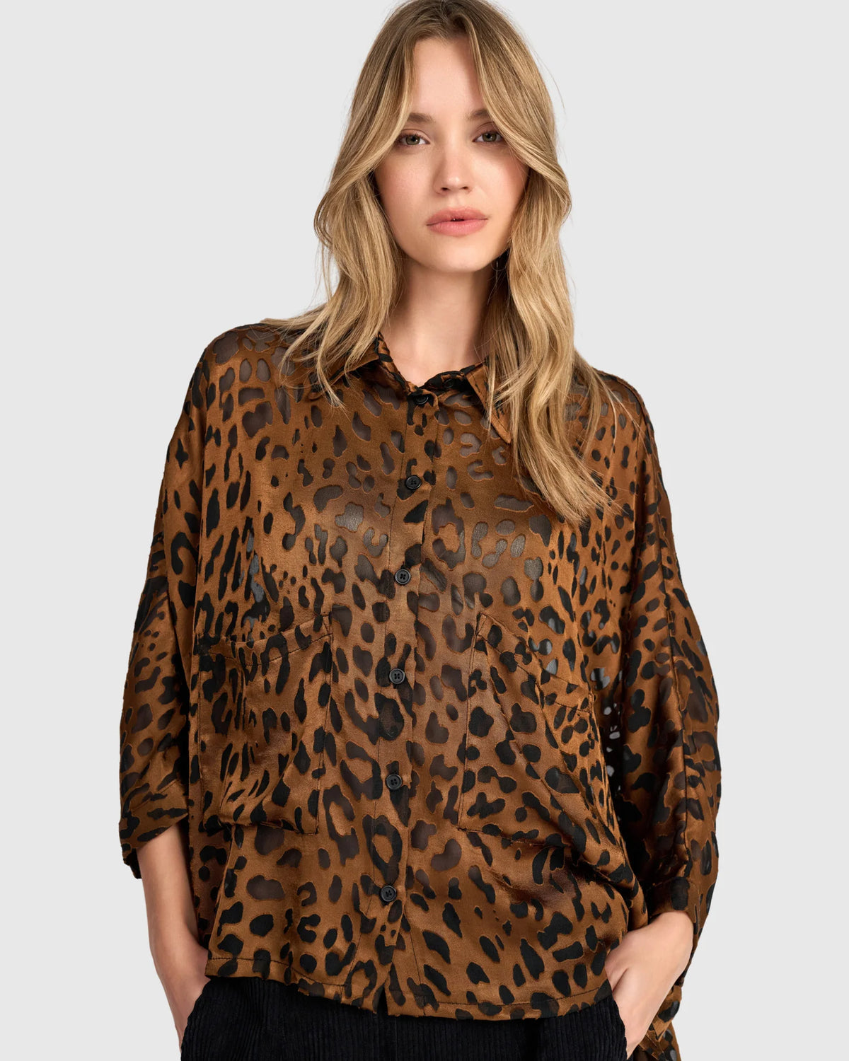 Alembika Top Bodhi Draped Blouse, Cognac Leopard