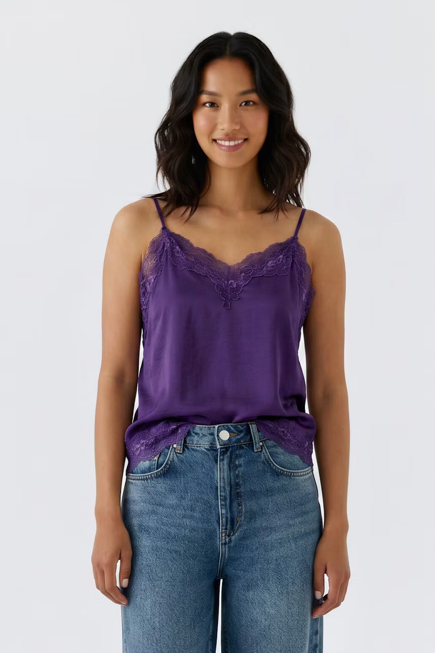 Oui Satin Tank With Lace