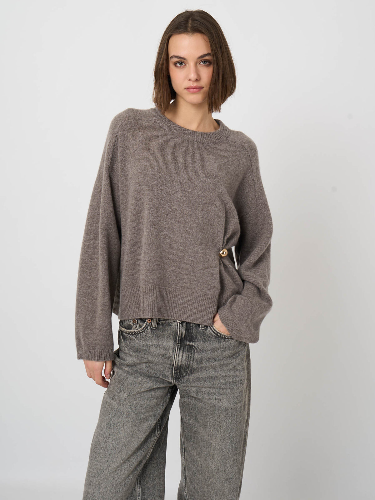 Repeat Cashmere Italian Lambswool Boxy Sweater with Side Button Detail