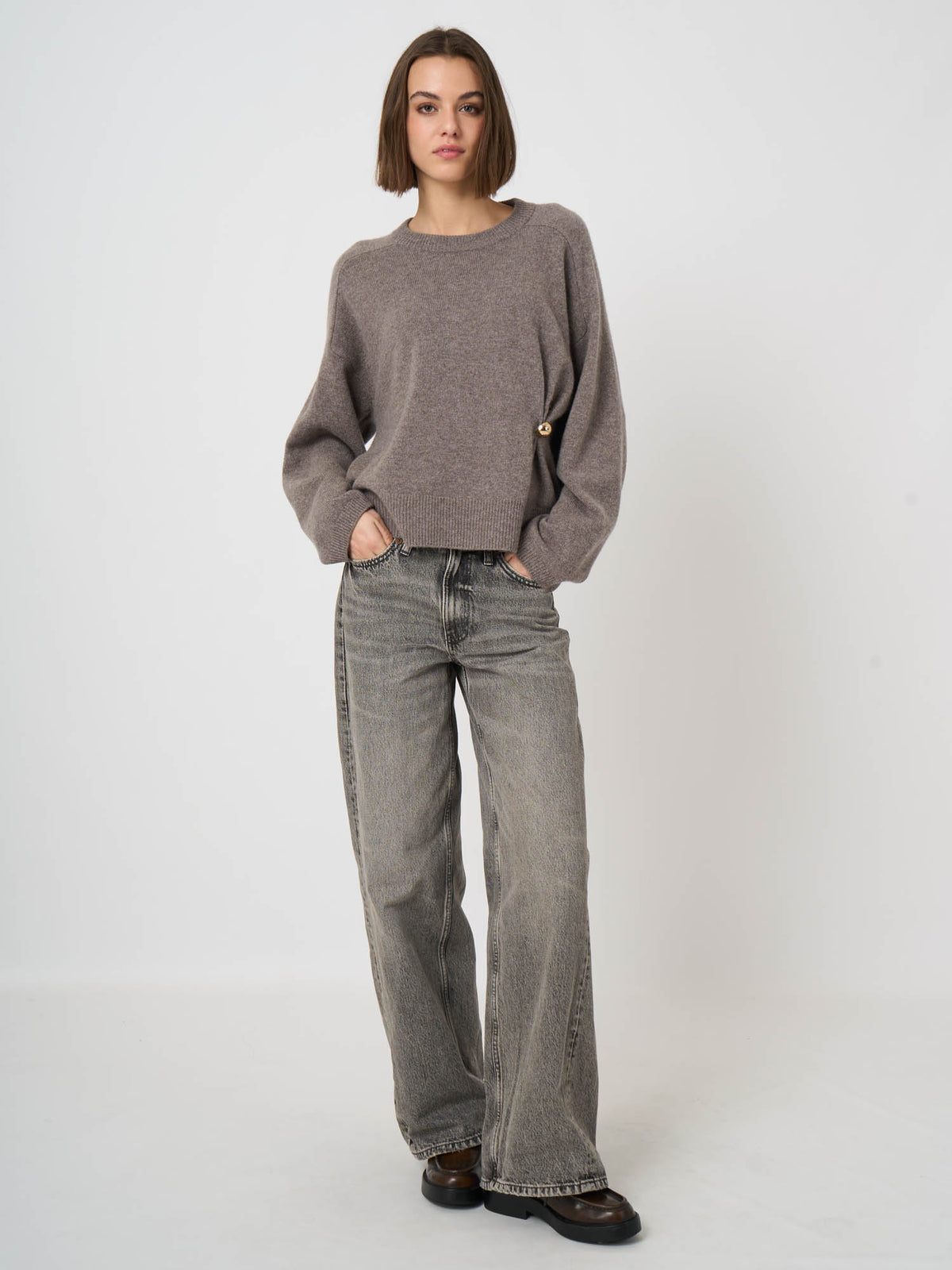 Repeat Cashmere Italian Lambswool Boxy Sweater with Side Button Detail