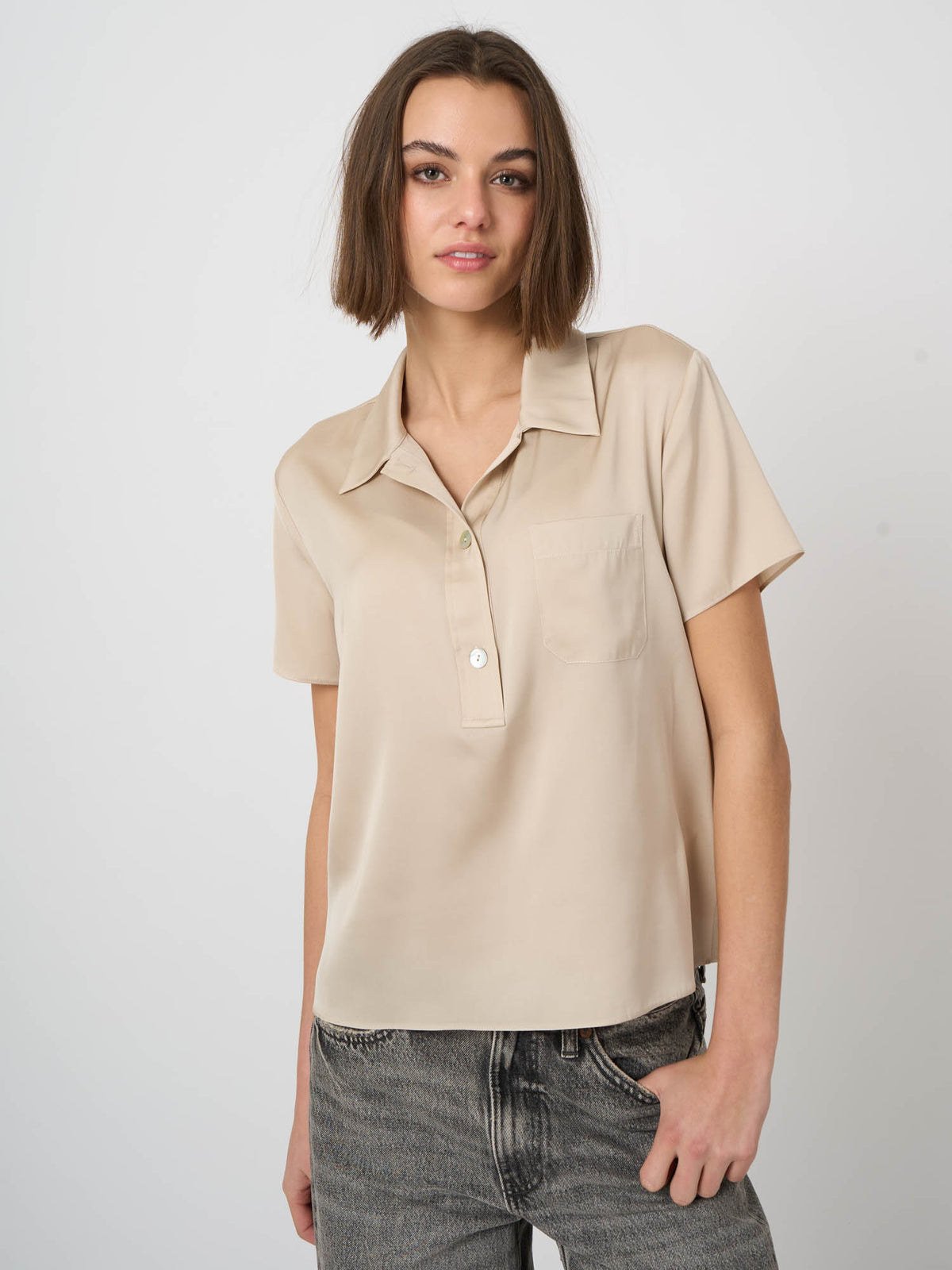 Repeat Cashmere Silk Short-Sleeve Blouse with Chest Pocket