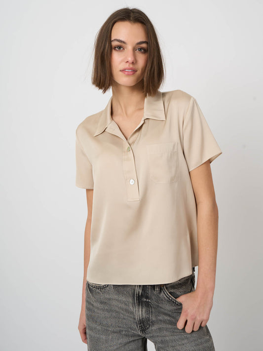 Repeat Cashmere Silk Short-Sleeve Blouse with Chest Pocket