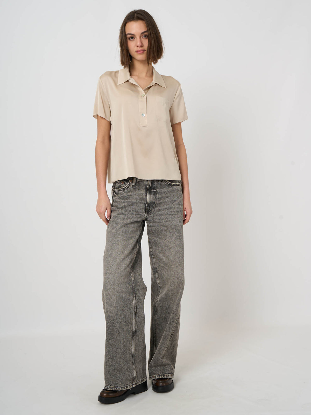 Repeat Cashmere Silk Short-Sleeve Blouse with Chest Pocket