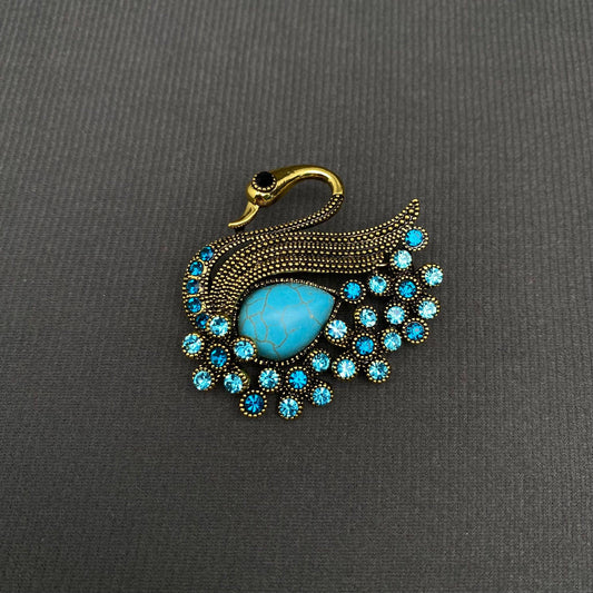 Blue Rhinestone Swan Brooch