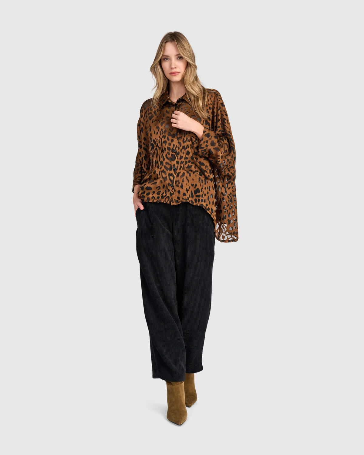 Alembika Top Bodhi Draped Blouse, Cognac Leopard