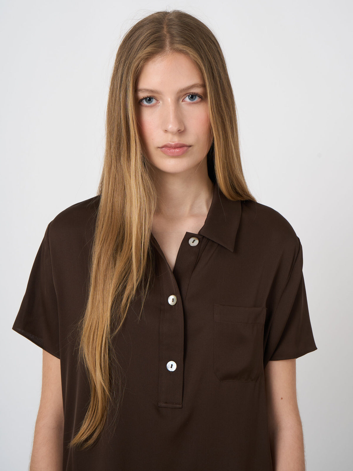 Repeat Cashmere Silk Short-Sleeve Blouse with Chest Pocket