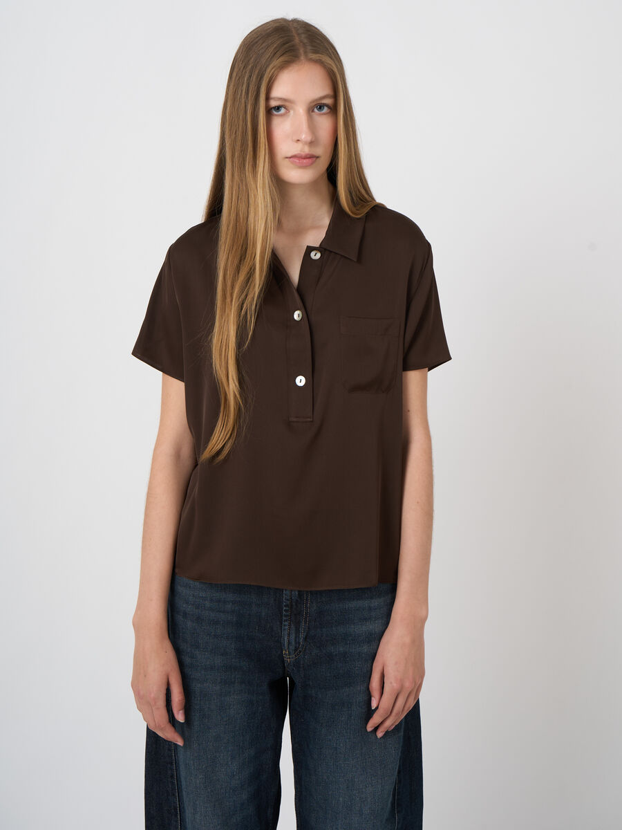 Repeat Cashmere Silk Short-Sleeve Blouse with Chest Pocket