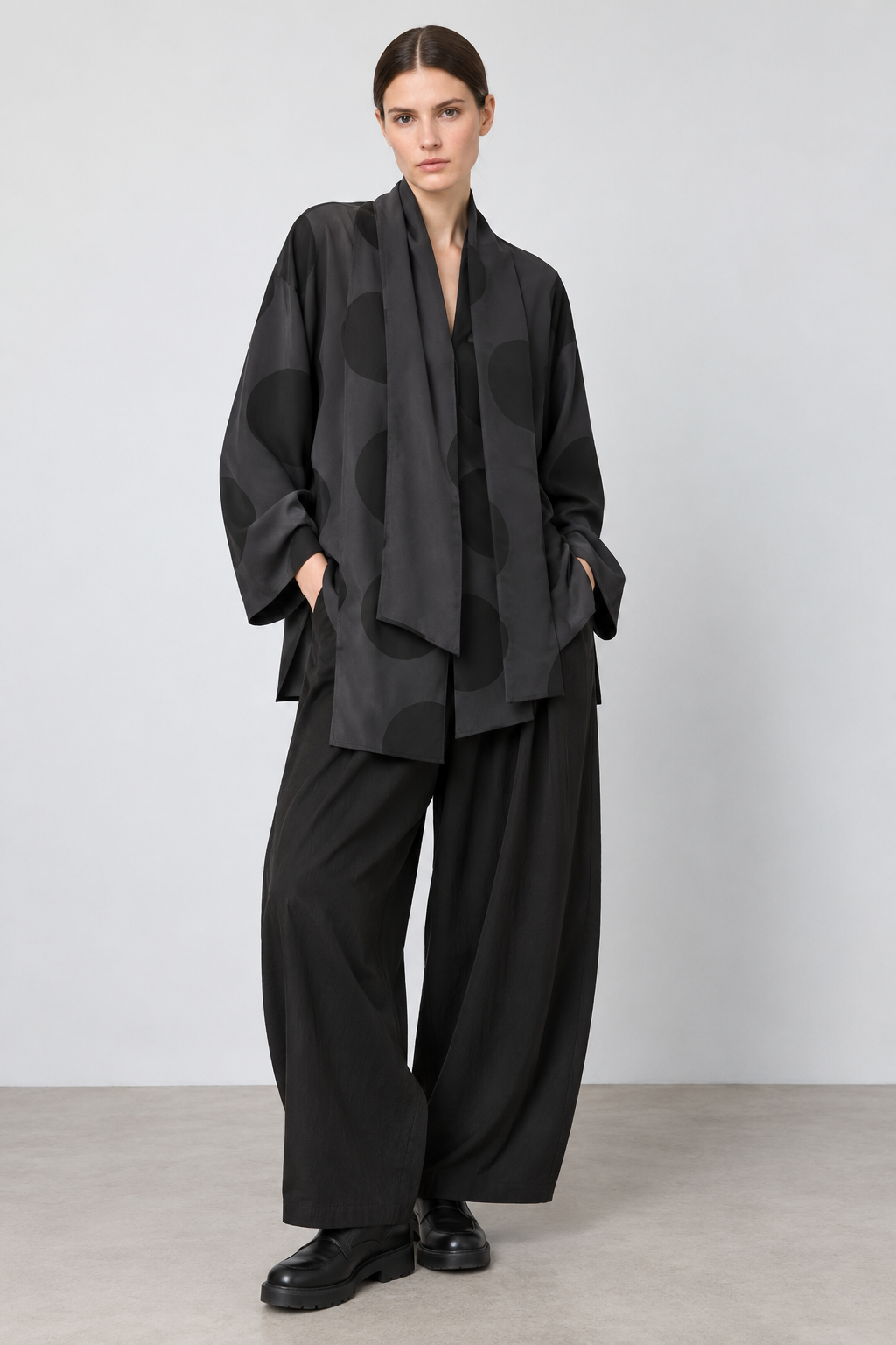 Neirami Oversized Polka Dot Ribbon Collar Shirt