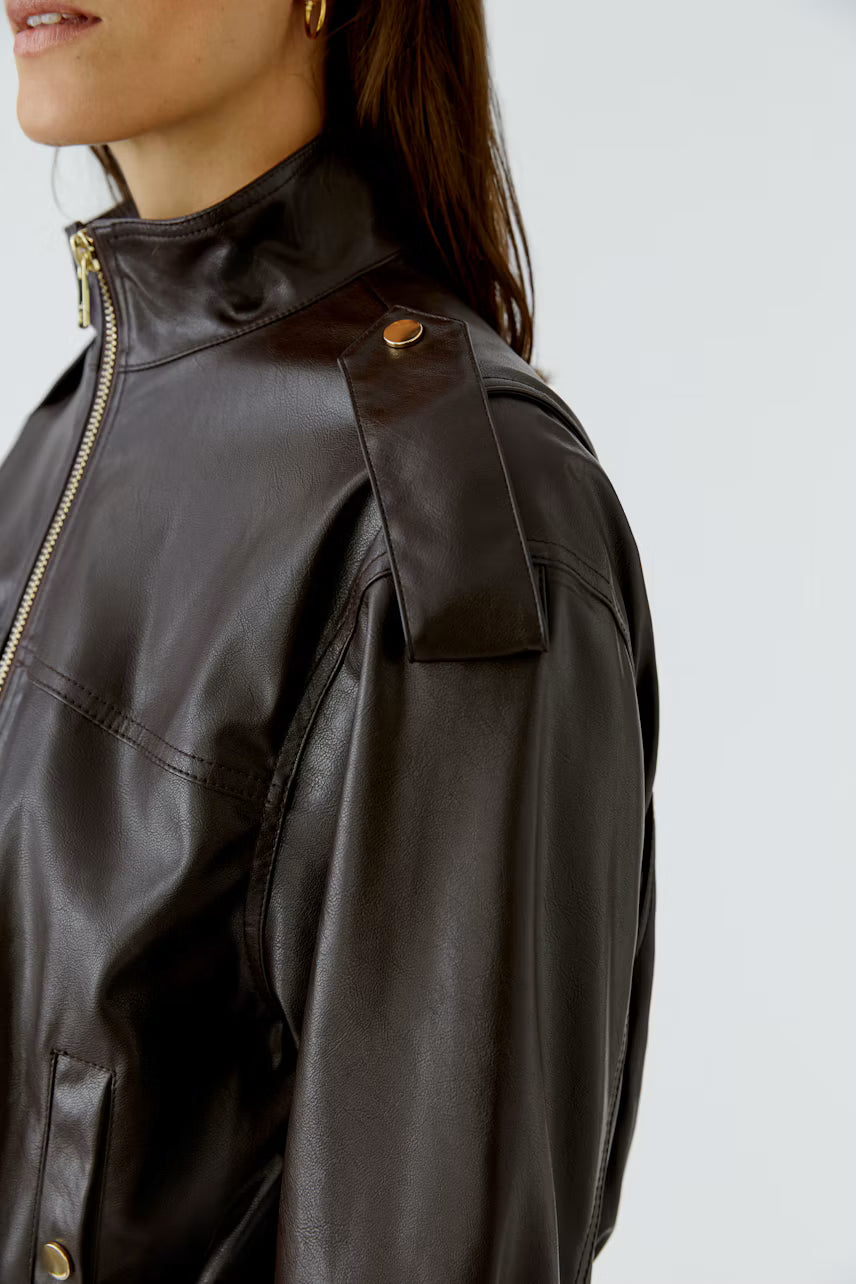 Oui Imitation Leather Jacket - dark brown